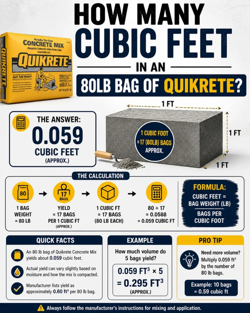 How many cubic feet in an 80lb bag of Quikrete